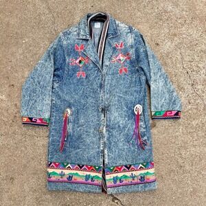 Sundance Women's‎ S Denim Jacket Native American Aztec Hand-Painted Vintage Art
